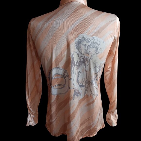 Vintage Men's Disco Shirt Large 1970s Salmon Pink Nautical Sexy Man Woman Print - Picture 6 of 10